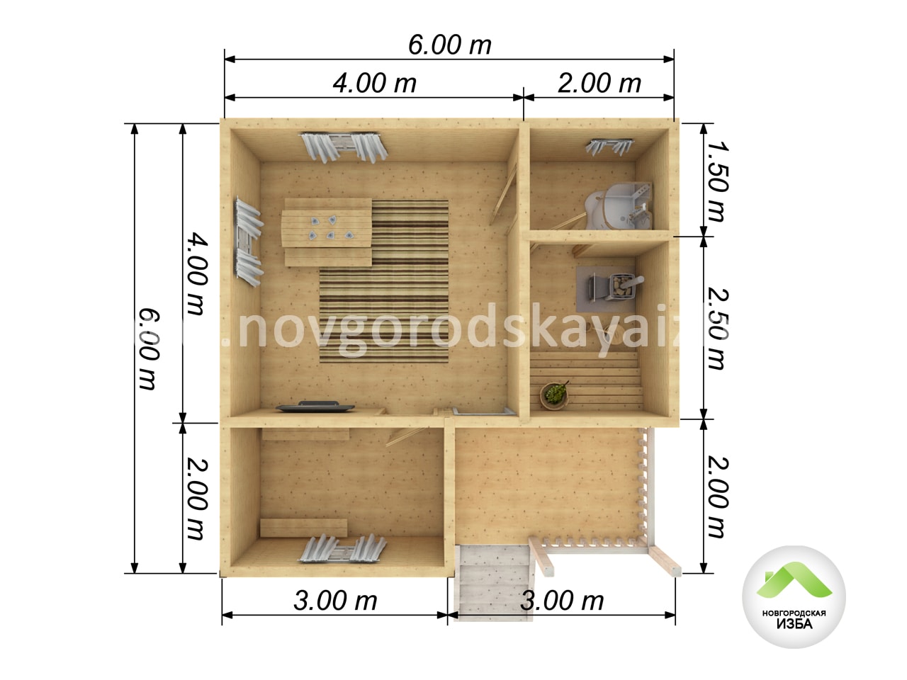 Планировка проекта бани из бруса 6х6, Б-10